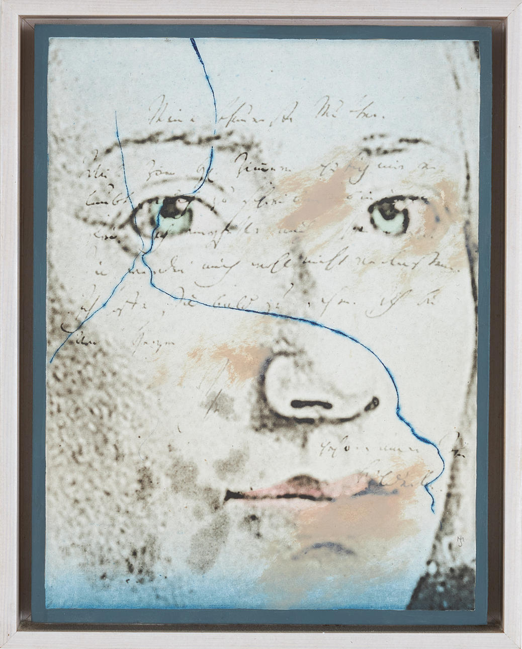 JAN MANKER. Composition with face and writing, mixed media on panel, monogram signed and signed Jan Manker on verso.