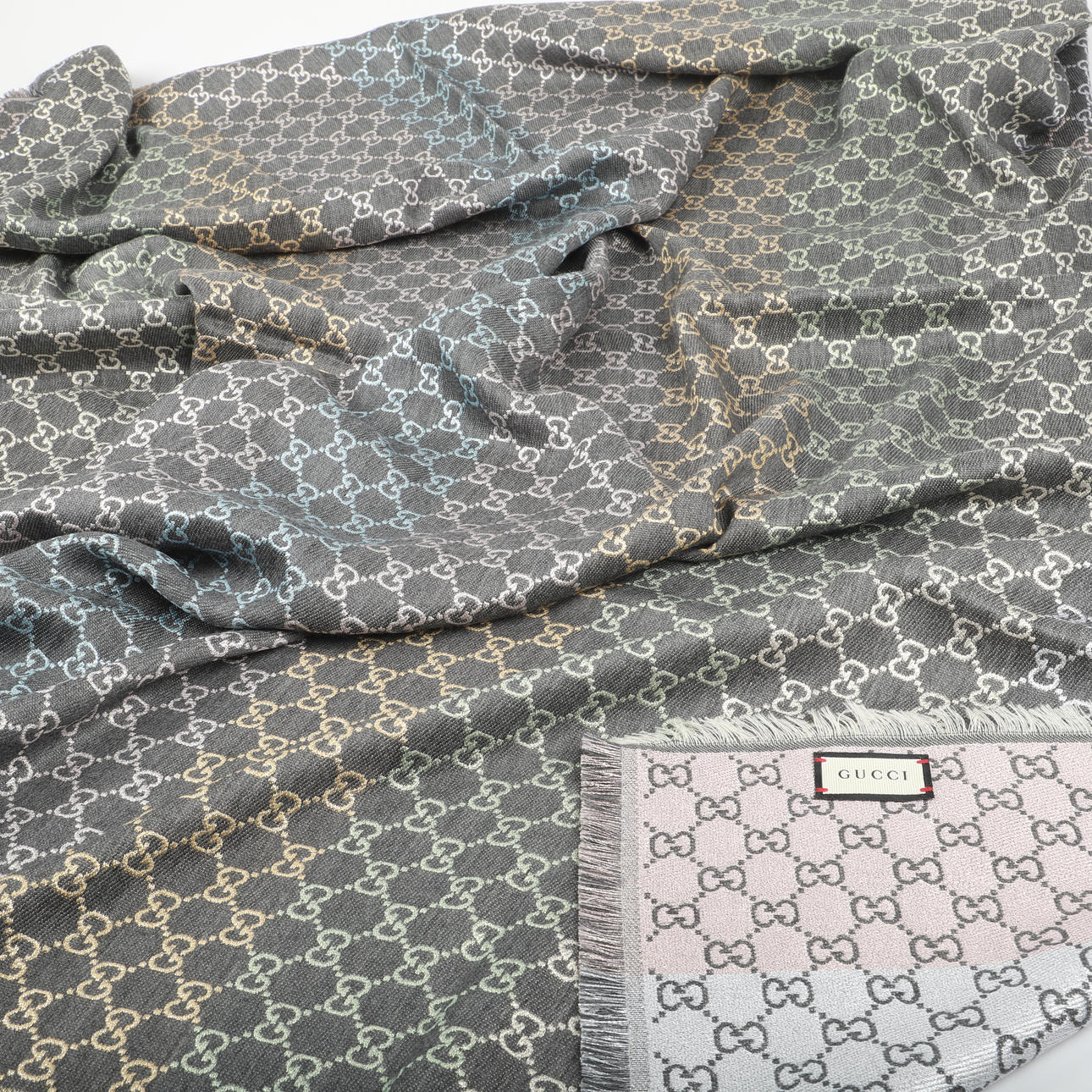 Shawl, gray with multicolored print, Gucci, Italy.