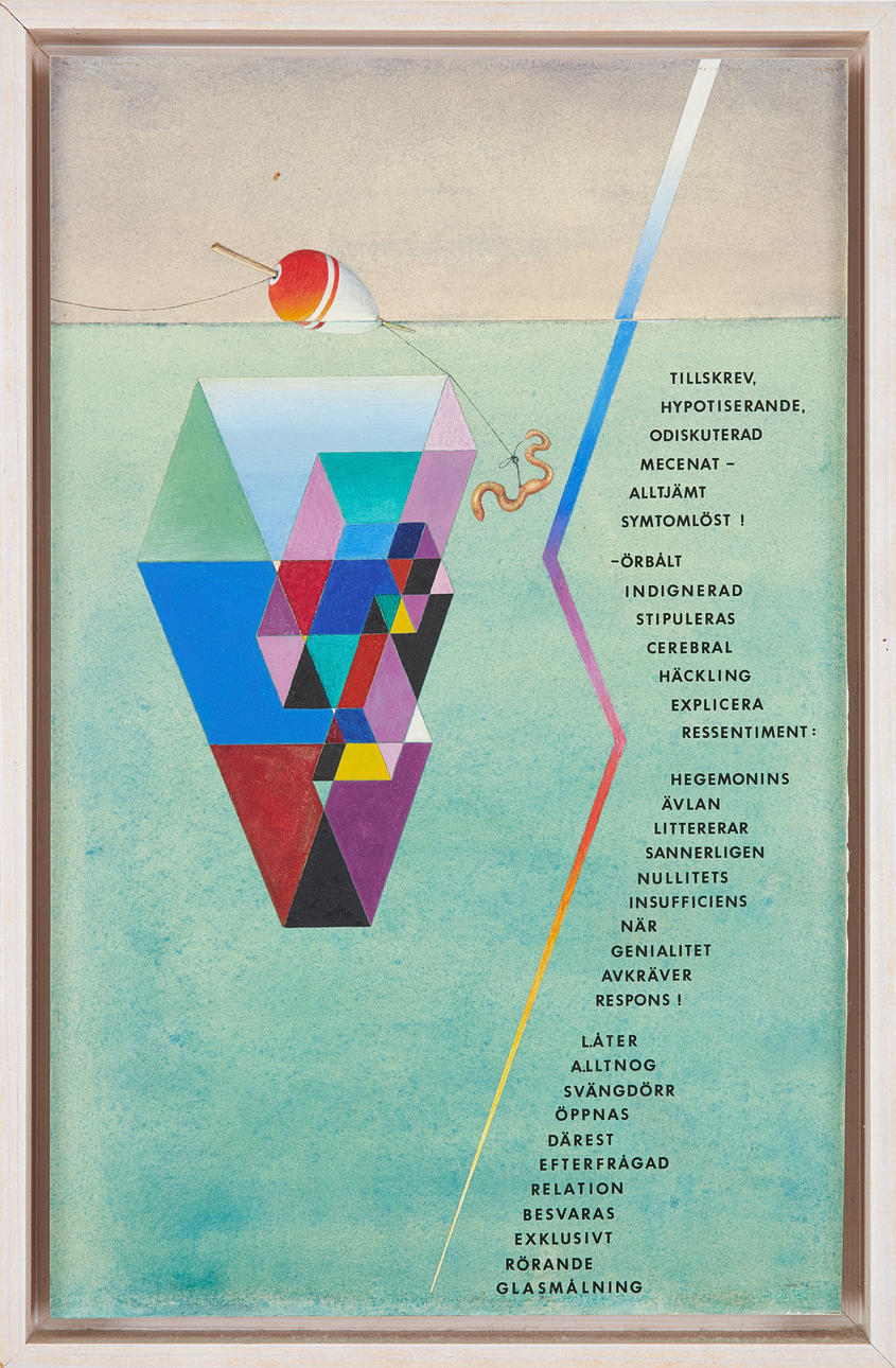 LASSE SÖDERBERG. Composition with geometric shapes, flow and text, oil on panel, signed on verso, dated -91.