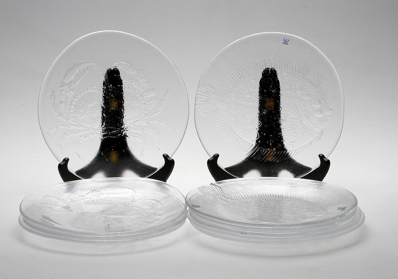 FISK/SKALDJURSTALLRIKAR, 10 st, glas, "Party Marina", Glöran Wärff, Kosta, etikettmärkta.