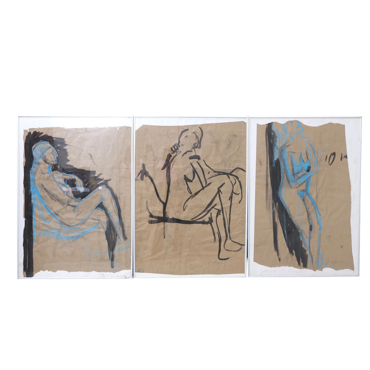 Nude studies, 3 pieces, mixed media, sketches, signed and dated -97.