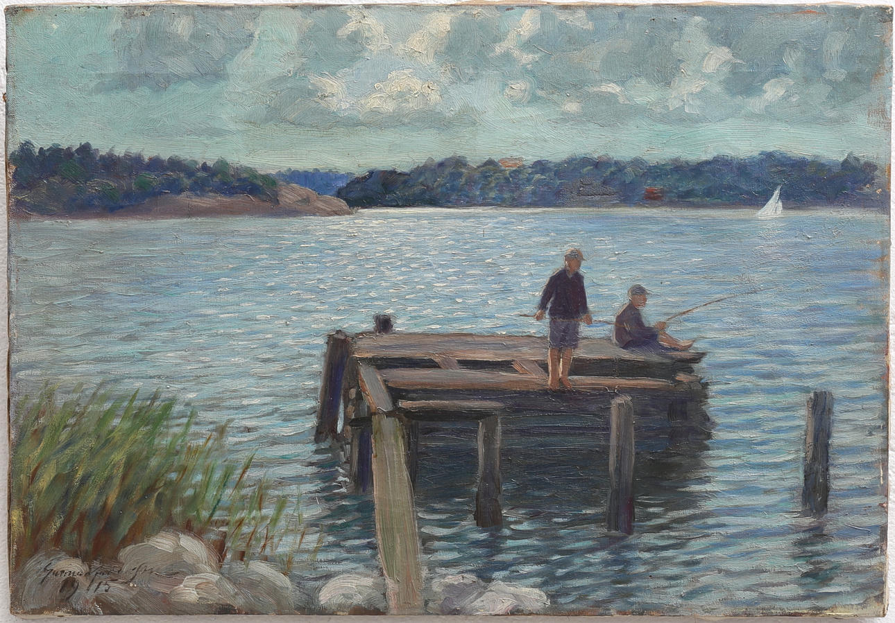 OIDENTIFIERAD KONSTNÄR. Fiskande barn. Olja på duk, signerad Gunnar Andersson, daterad 1915.