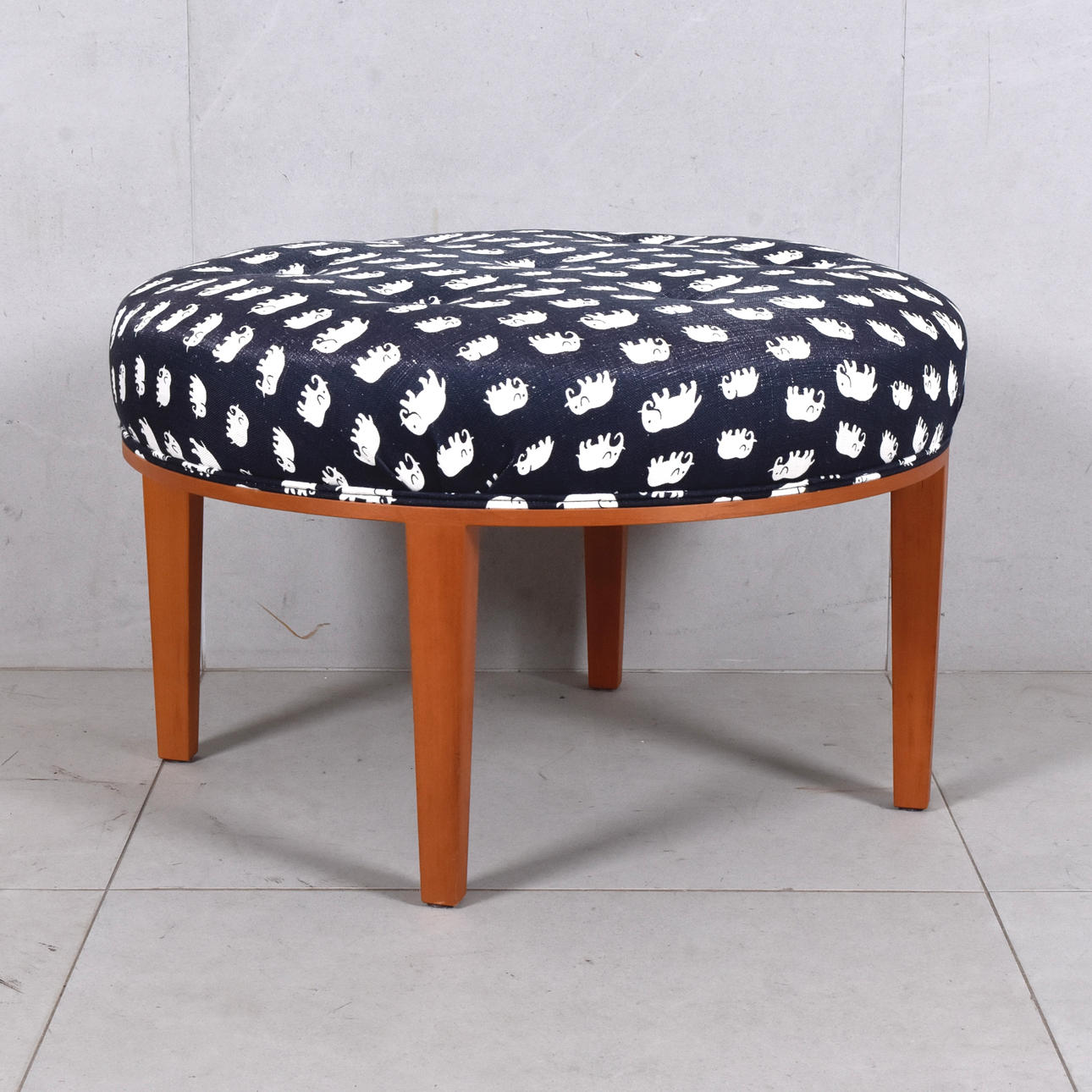 JOSEF FRANK. STOOL, CHERRY WITH TEXTILE UPHOLSTERY.