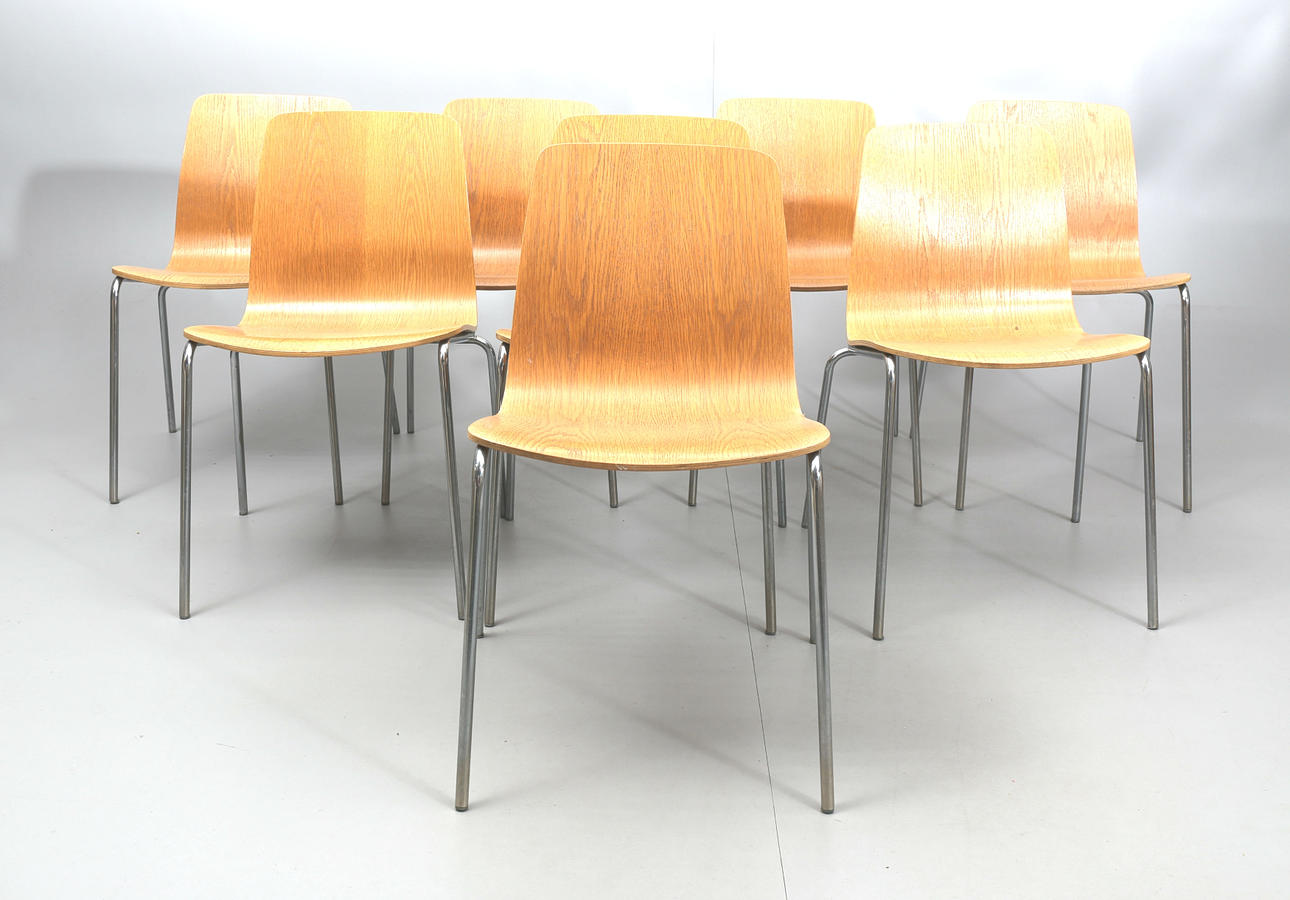 STOLAR, stålrör och ek, böjträ, stapelbara, 8 stycken, 1900-talets andra hälft.