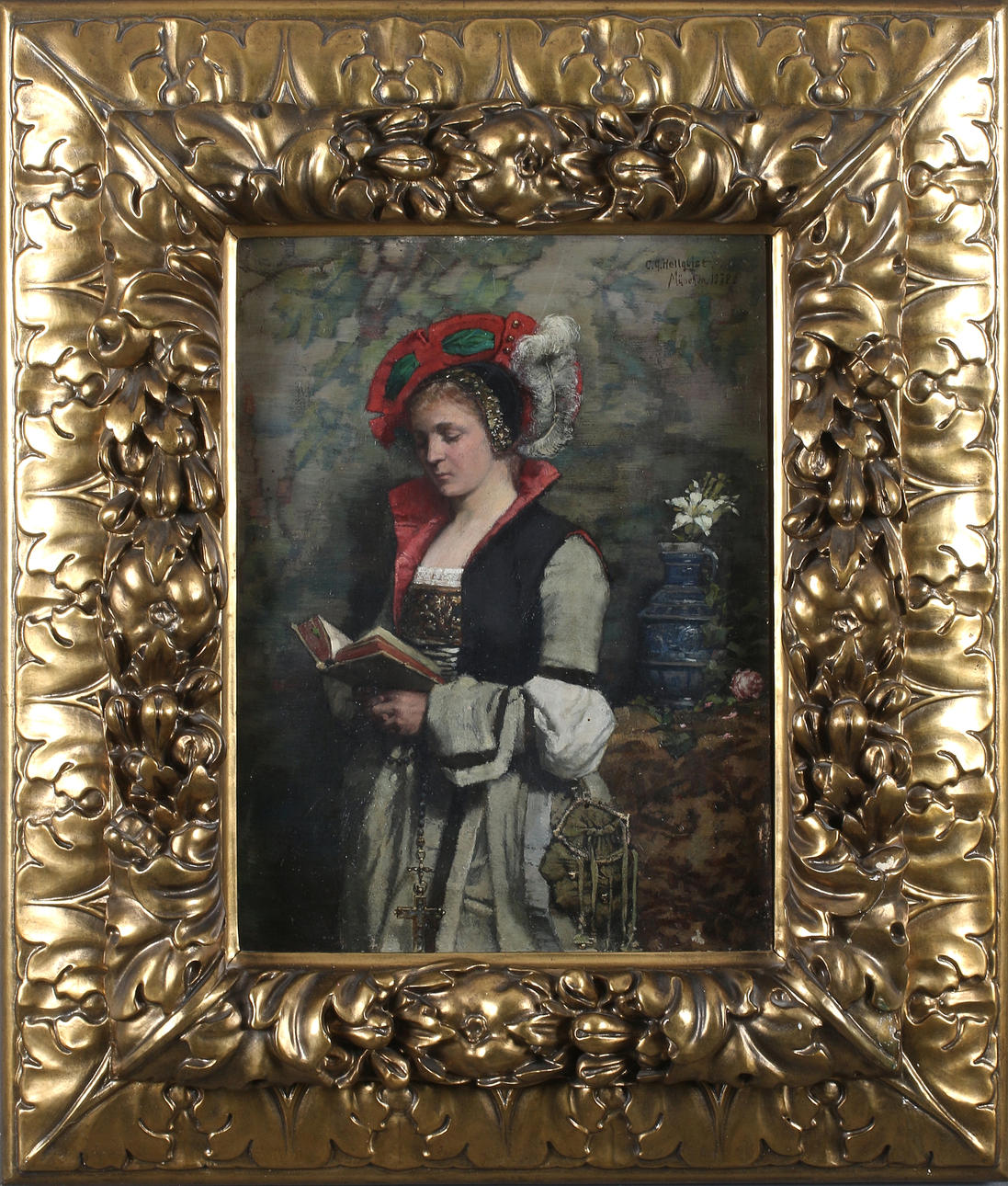 CARL GUSTAF HELLQVIST. Läsande kvinna, olja på pannå, signerad och daterad, Munchen, 1878.