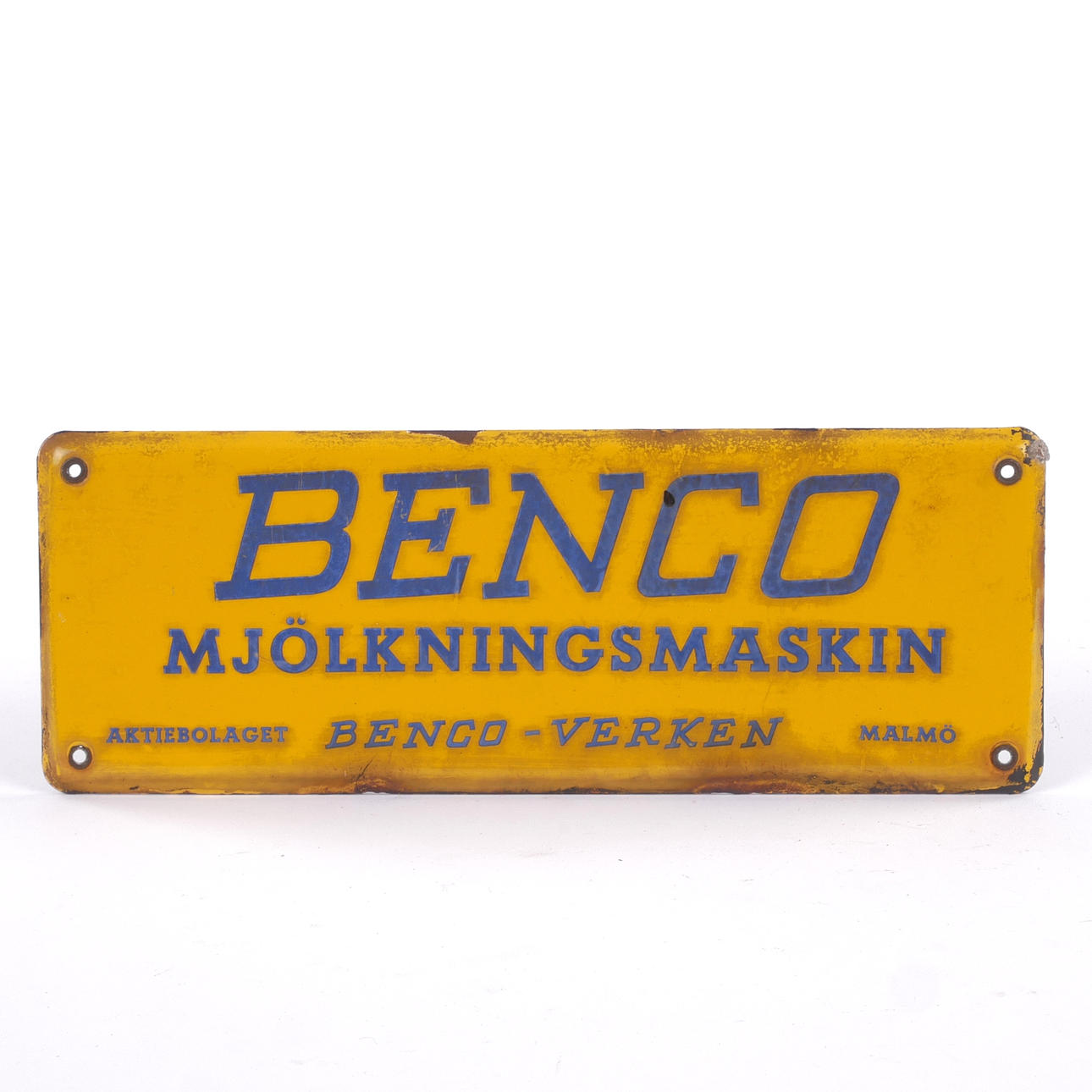 Enamel sign, “Benco milking machine”, Benco works Malmö, 1940s.
