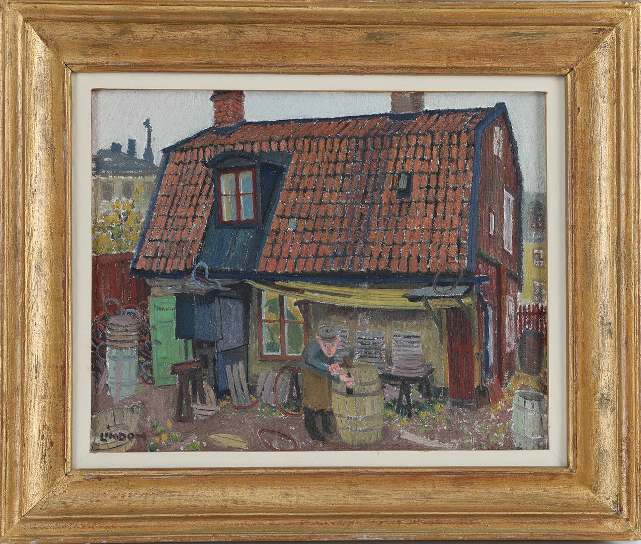 KURT LINDON. “Tunnbindareverkstad, Roddargatan 17", oil on panel, signed.