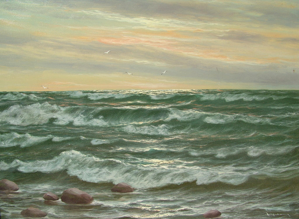 DEUTSCHER MALER DER 30ER JAHRE. stort havslandskap med surf.