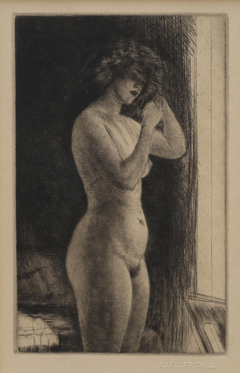 AXEL FRIDELL. etching, model study, blind stamp Axel Fridell.