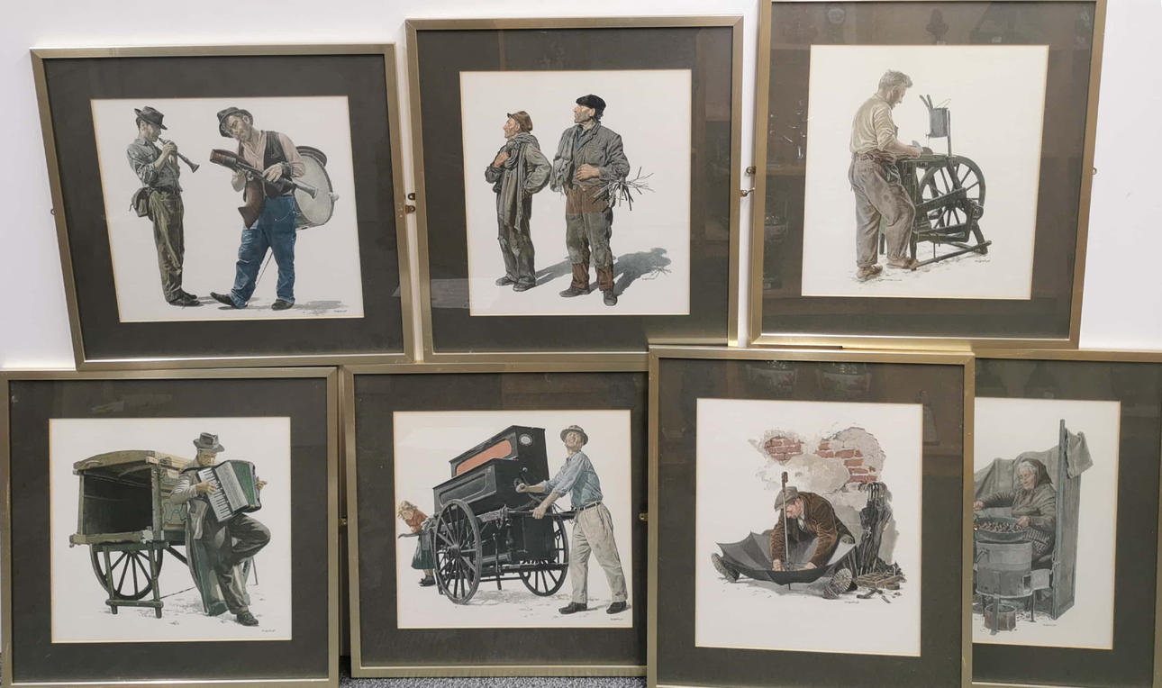 SEVEN FRAMED PRINTS DEPICTING WORKMEN.