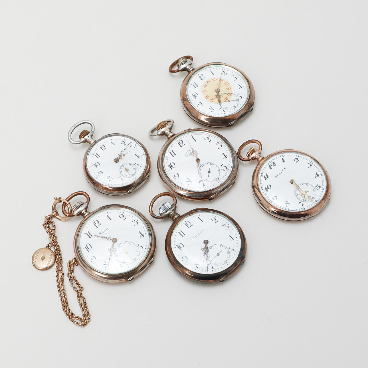 A set of 6 pocket watches, including Svalan, Caesar, Havila and ...
