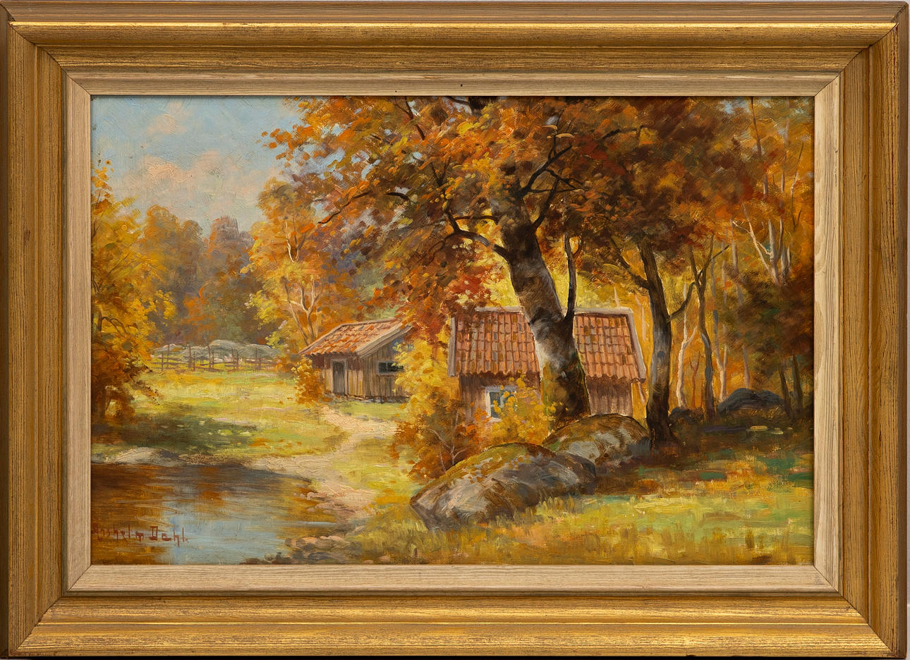 ANSHELM DAHL. house in forest environment, oil on canvas, signed.