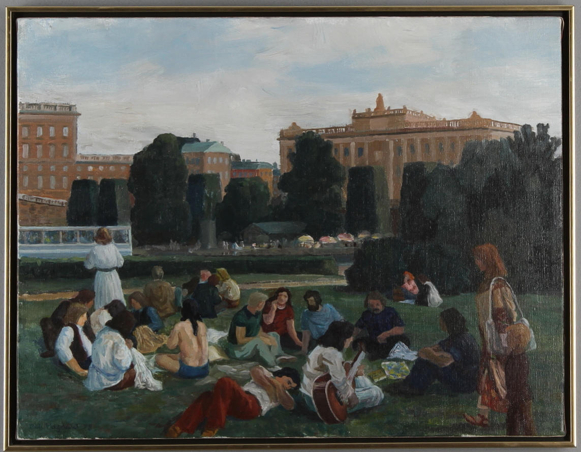 OLLE HAGDAHL. Picknick i Kungsträdgården, olja på duk, signerad och daterad -78.