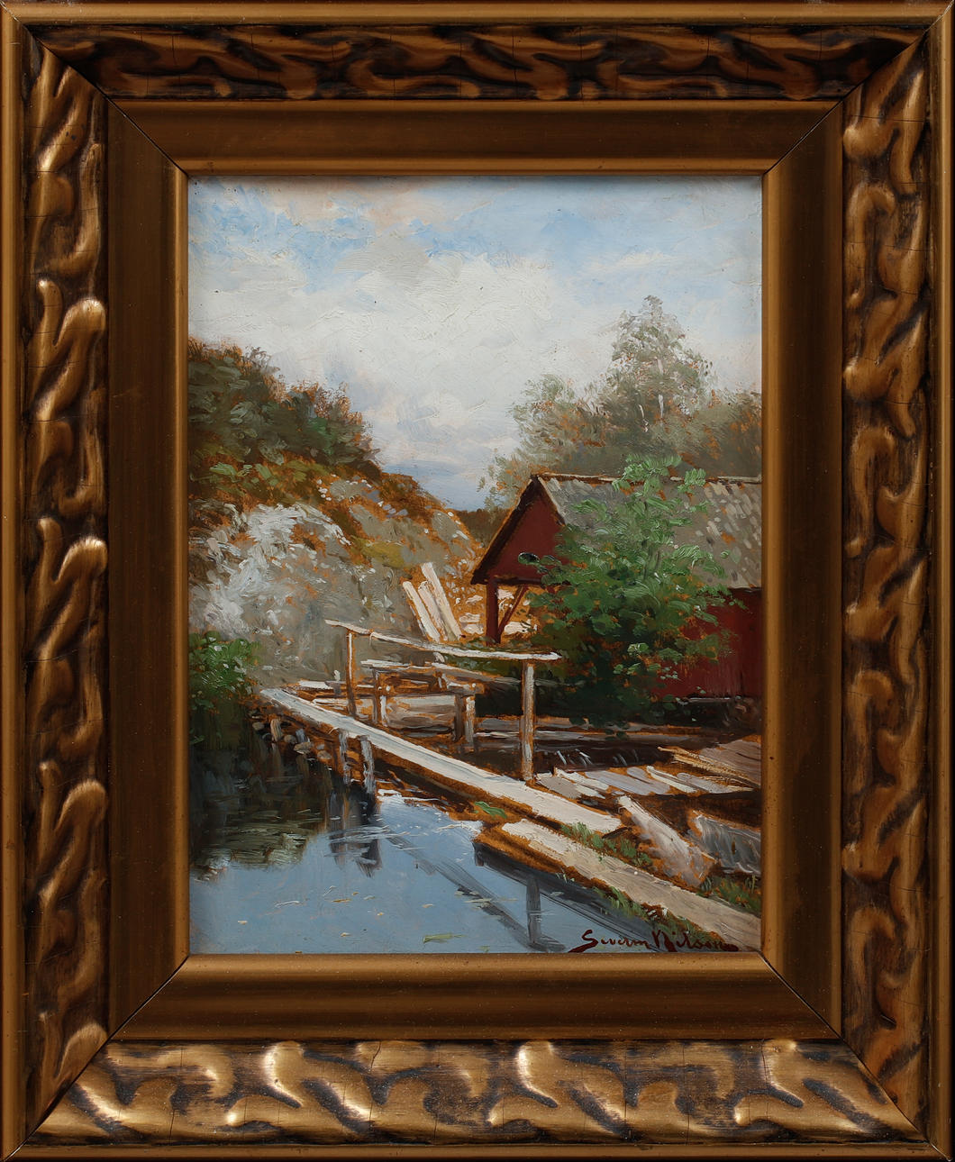 SEVERIN NILSON. Boathouse and pier, oil on panel, signed.