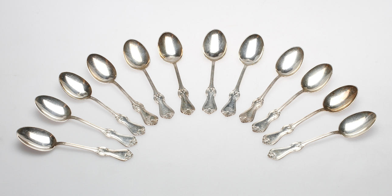 DESSERTSKEDAR, 12 st, nysilver, "Olga", GAB, 1900-tal.