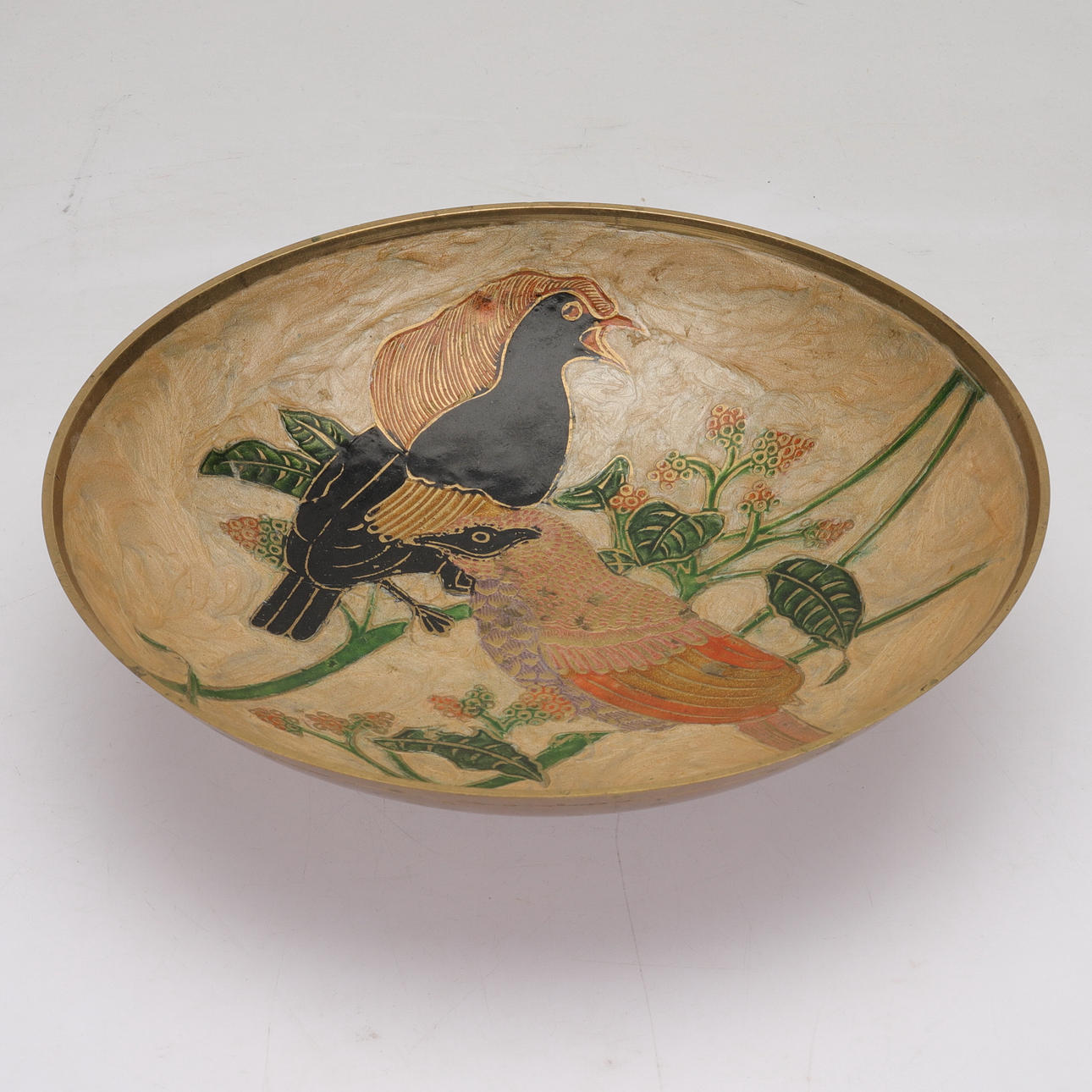 BOWL, enamel and brass, bird motif.