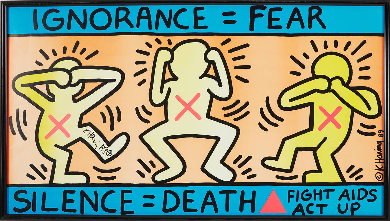 KEITH HARING. “Ignorance = fear”, 1989, poster, signed and dated 89.