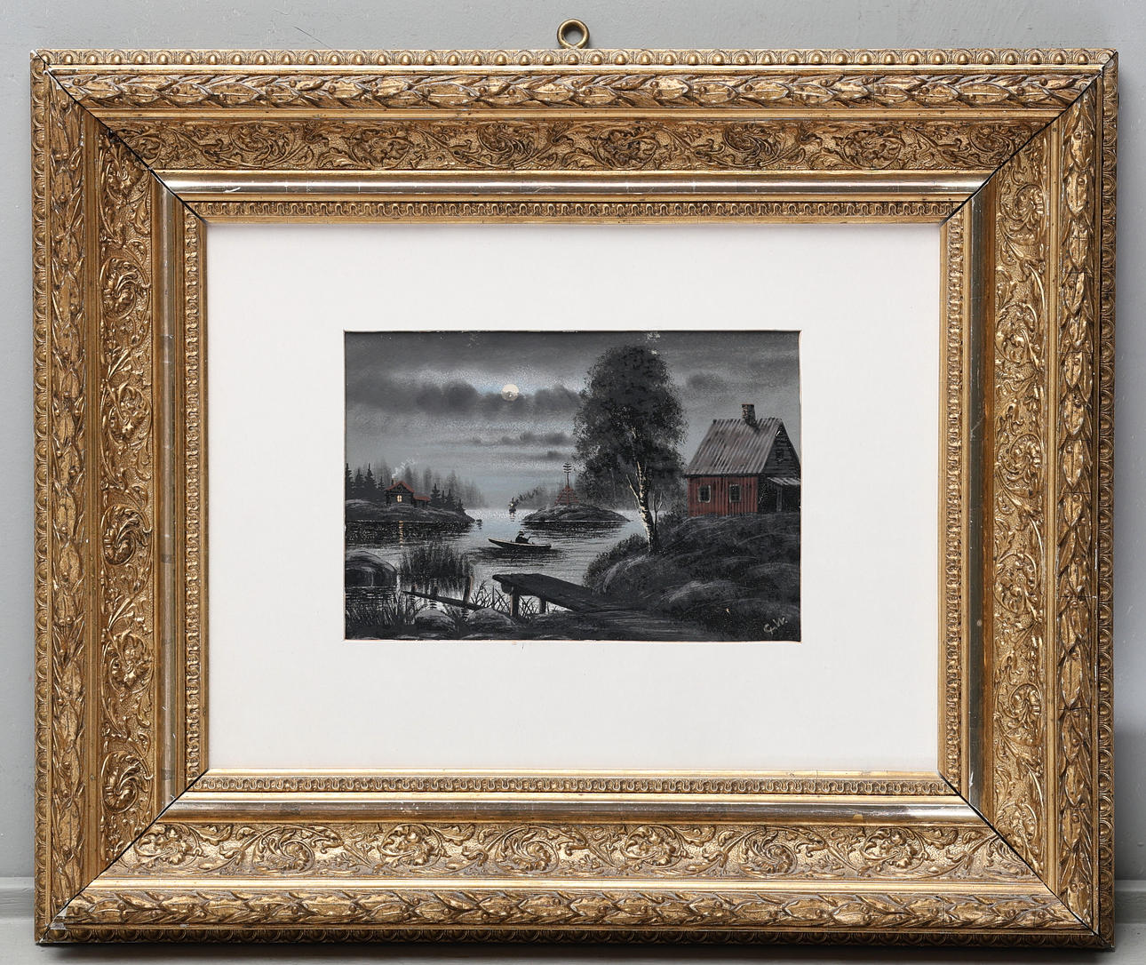 BACKGAMMON. Mixed media, cottage we water, signed.