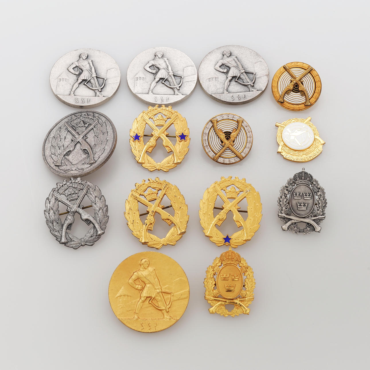 NÅLEMÆRKER, 14 stk, sølv, skydning, totalvægt 162 gram.