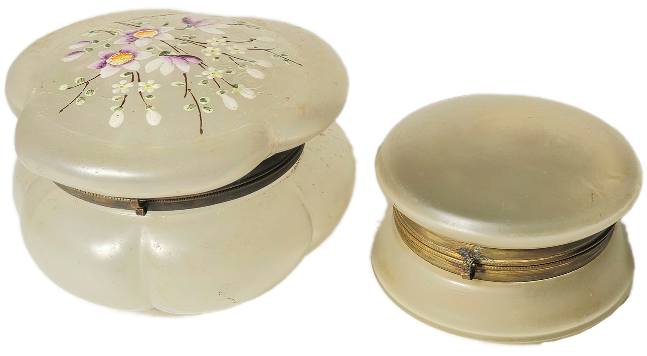 TWO MODERNIST BOXES IN OPAL GLASS DECORATED BY HAND.