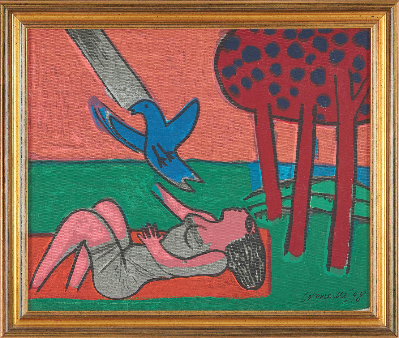 BEVERLOO CORNEILLE. Composition with woman and bird, silkscreen on canvas, numbered 46/85, dated 98.