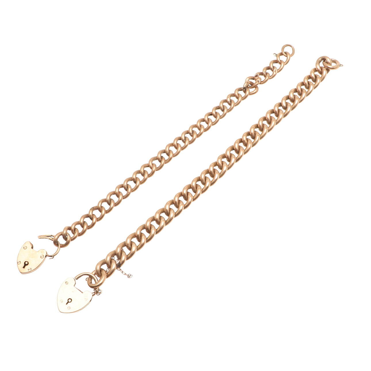 TVÅ 9CT GULD TROTTOARKANTARMBAND.