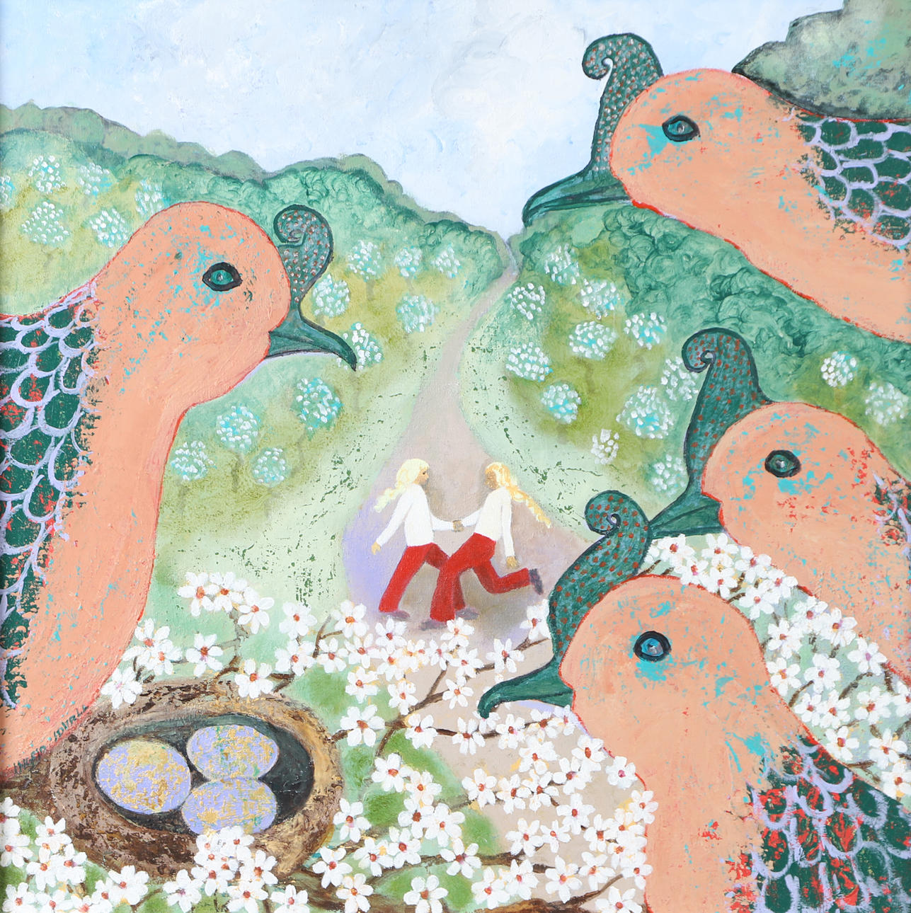 INGRID IDVALL. Birds meet spring, oil on canvas, signed.