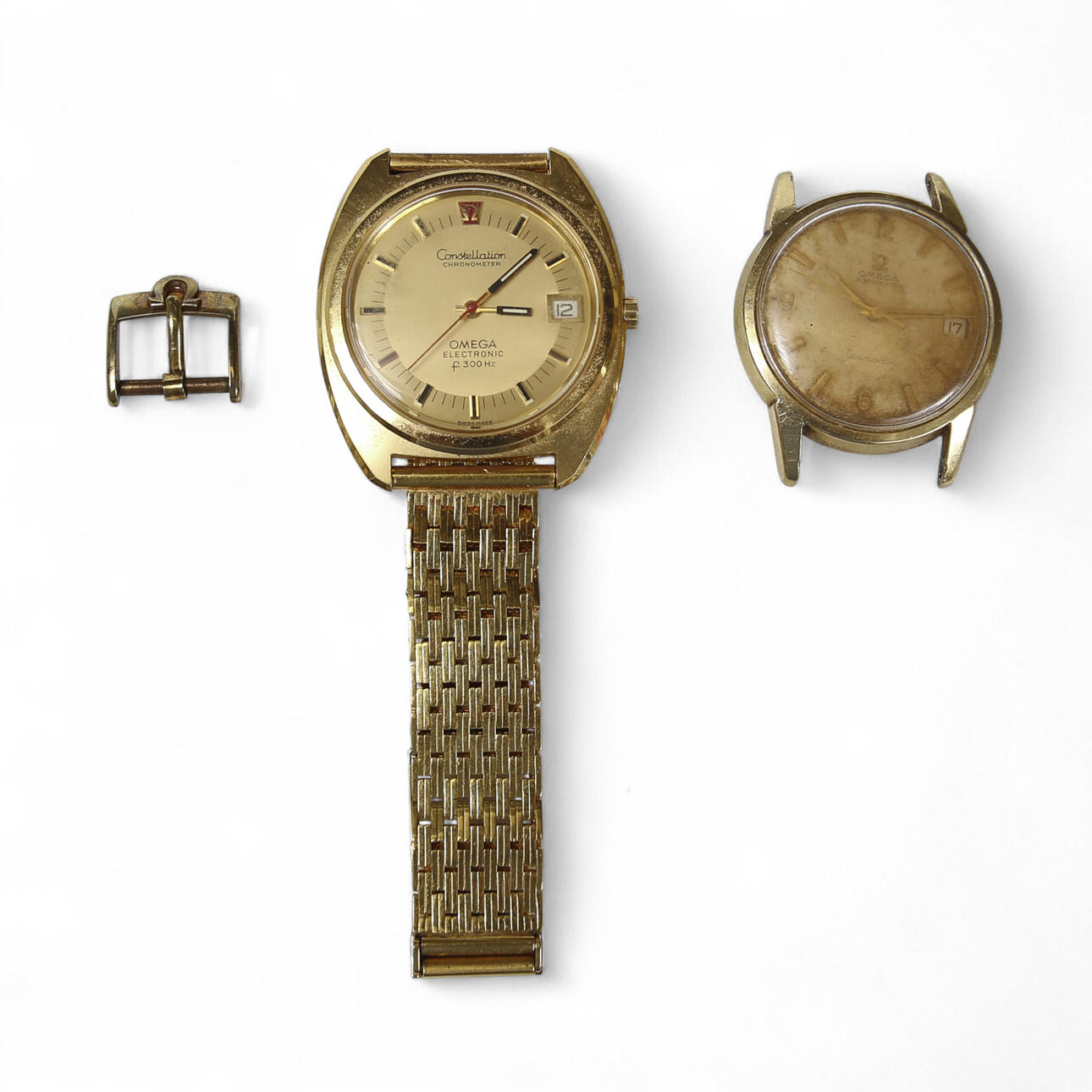 Wrist watch, Omega, Constellation Electronic, and Omega Seamaster Automatic, loose Omega buckle.