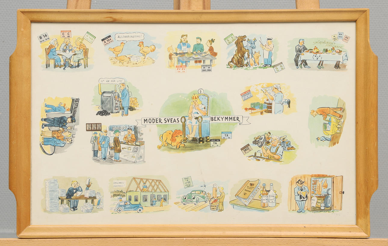 TRAY with print, “Moder Svea's Troubles”, 1940s.
