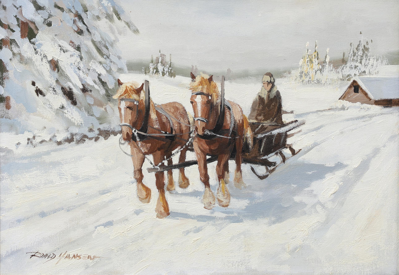 ROALD HANSEN. Horses with sled, oil on canvas, signed.