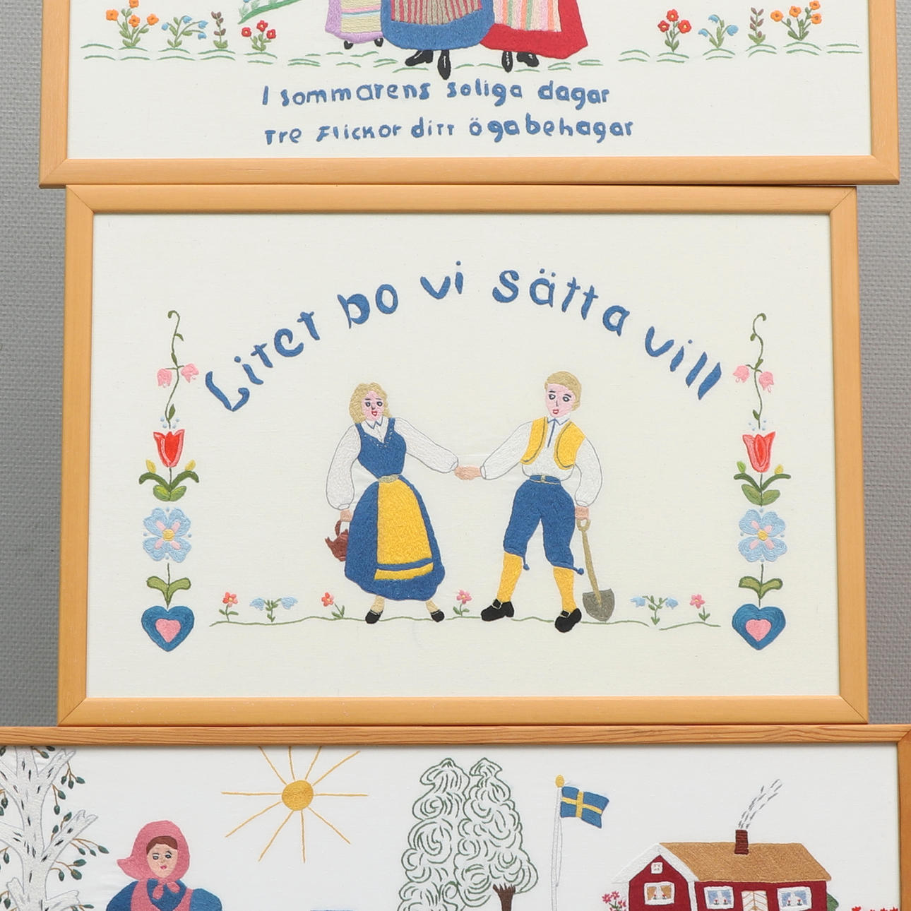 TEXTILE PAINTINGS, 5 pieces, Swedish figurine scenes with text.
