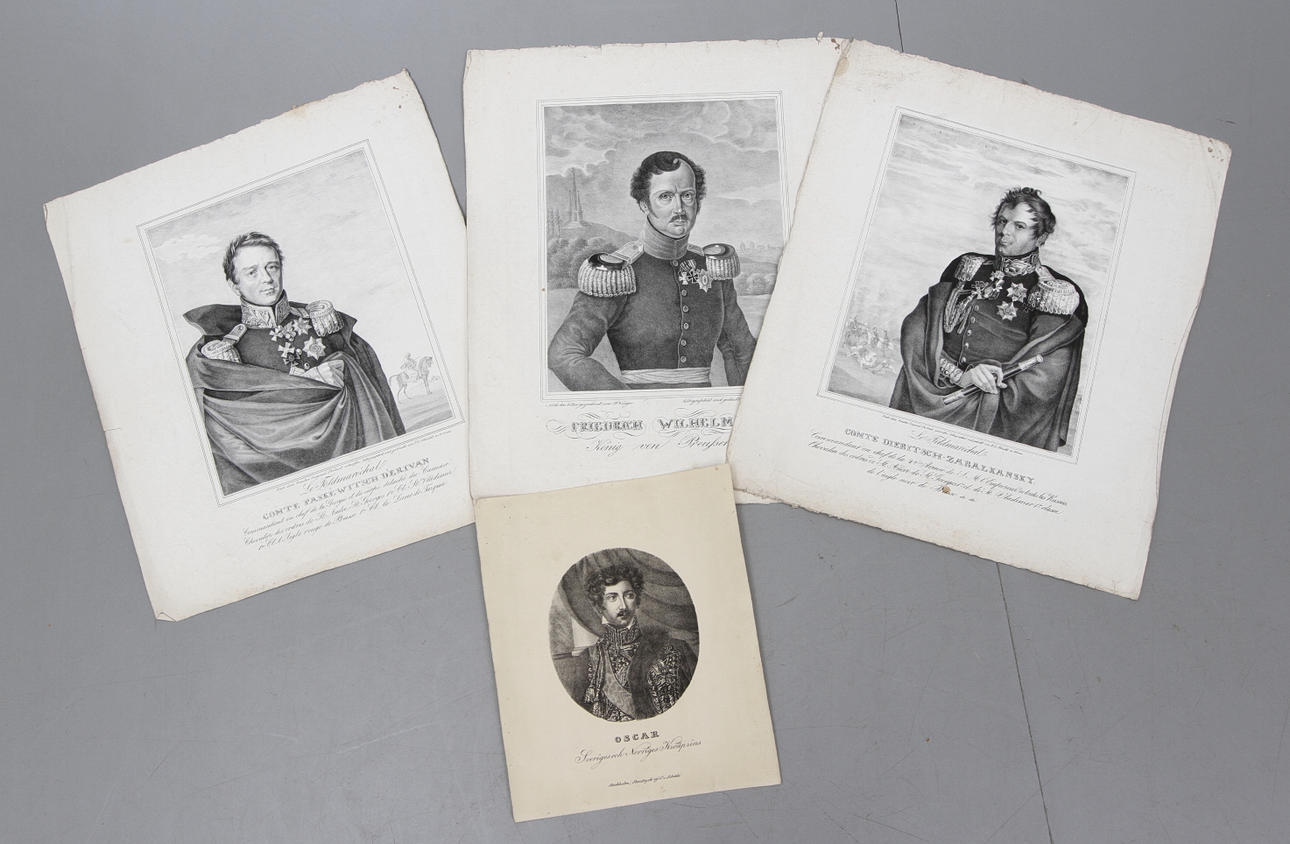 ANTIKA GRAVYRER/STENTRYCK, 4 st. 1800-tal. B.la. kungaporträtt.