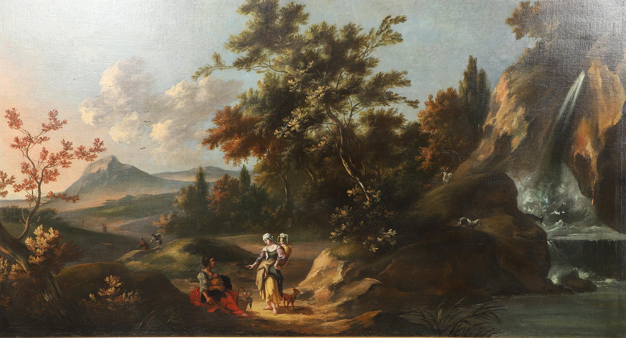 CIRCLE OF GIUSEPPE ZAIS (1709-1784). FIGURES IN AN EXTENSIVE ITALIANATE LANDSCAPE, A CASCADE TO THE RIGHT.