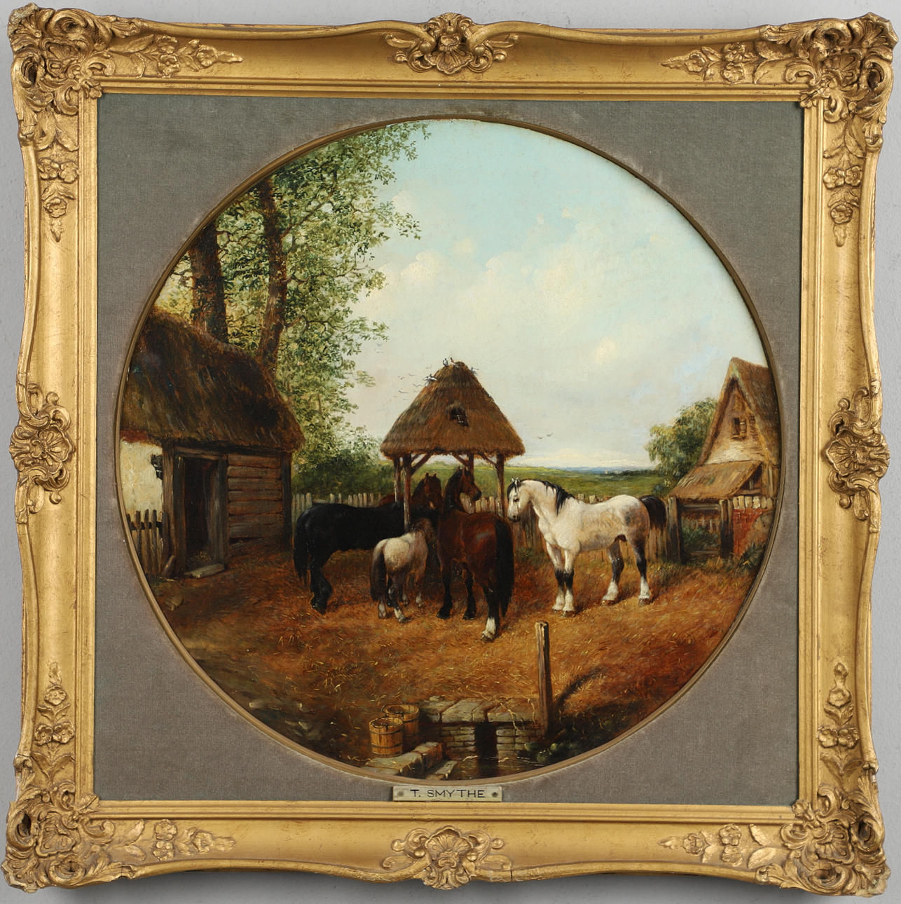 CIRCLE OF EDWARD ROBERT SMYTHE (1810-1899). HORSES IN A FARMYARD.