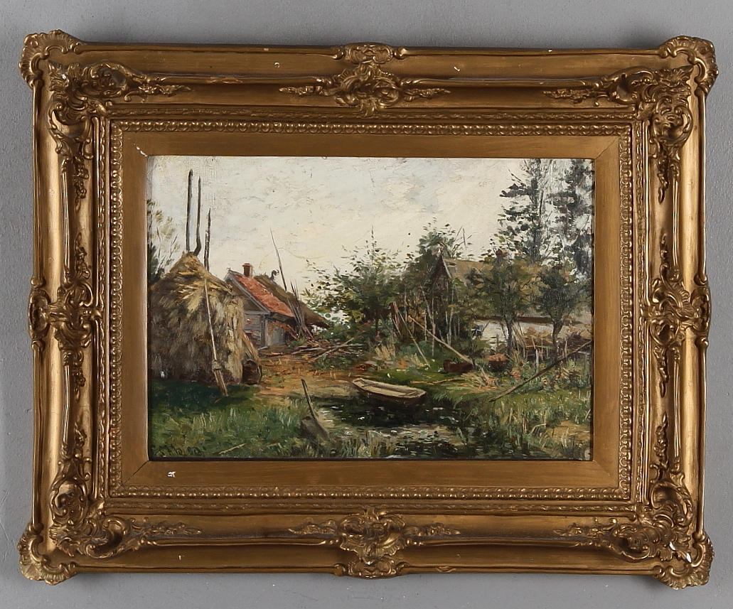 OIDENTIFIERAD KONSTNÄR. Gårdsmotiv med eka, olja på pannå, signerad.