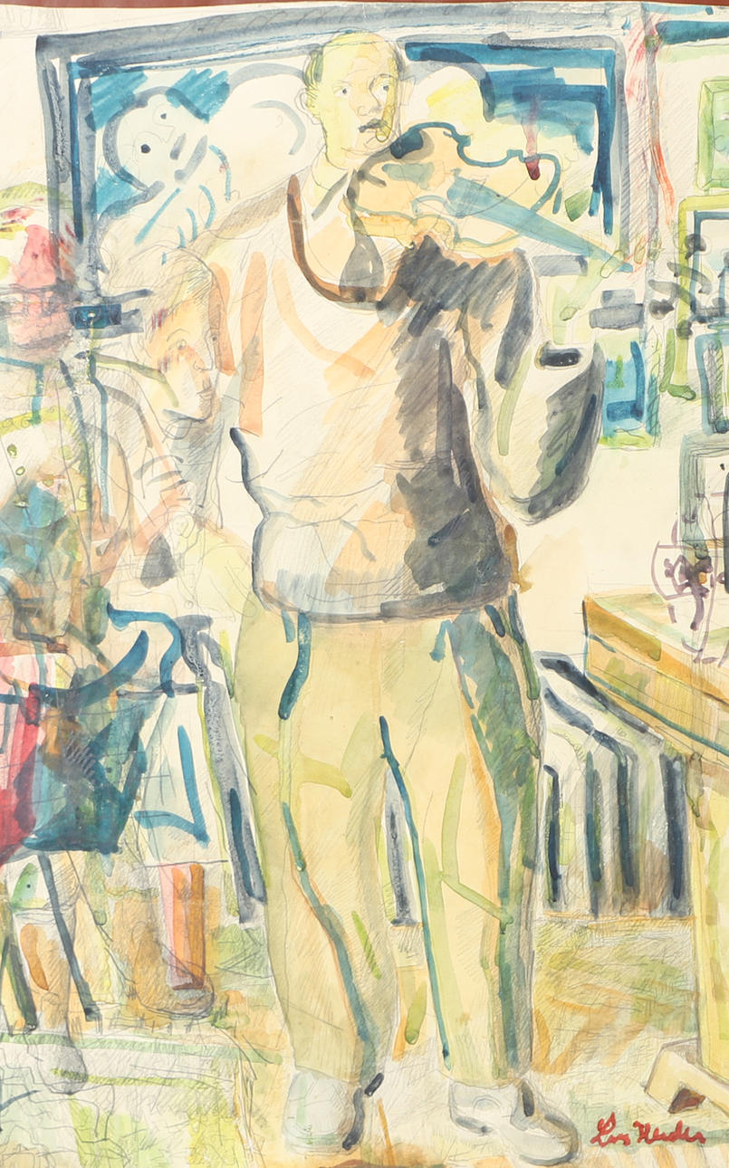 LARS HERDER. Violin playing man, watercolour, signed.