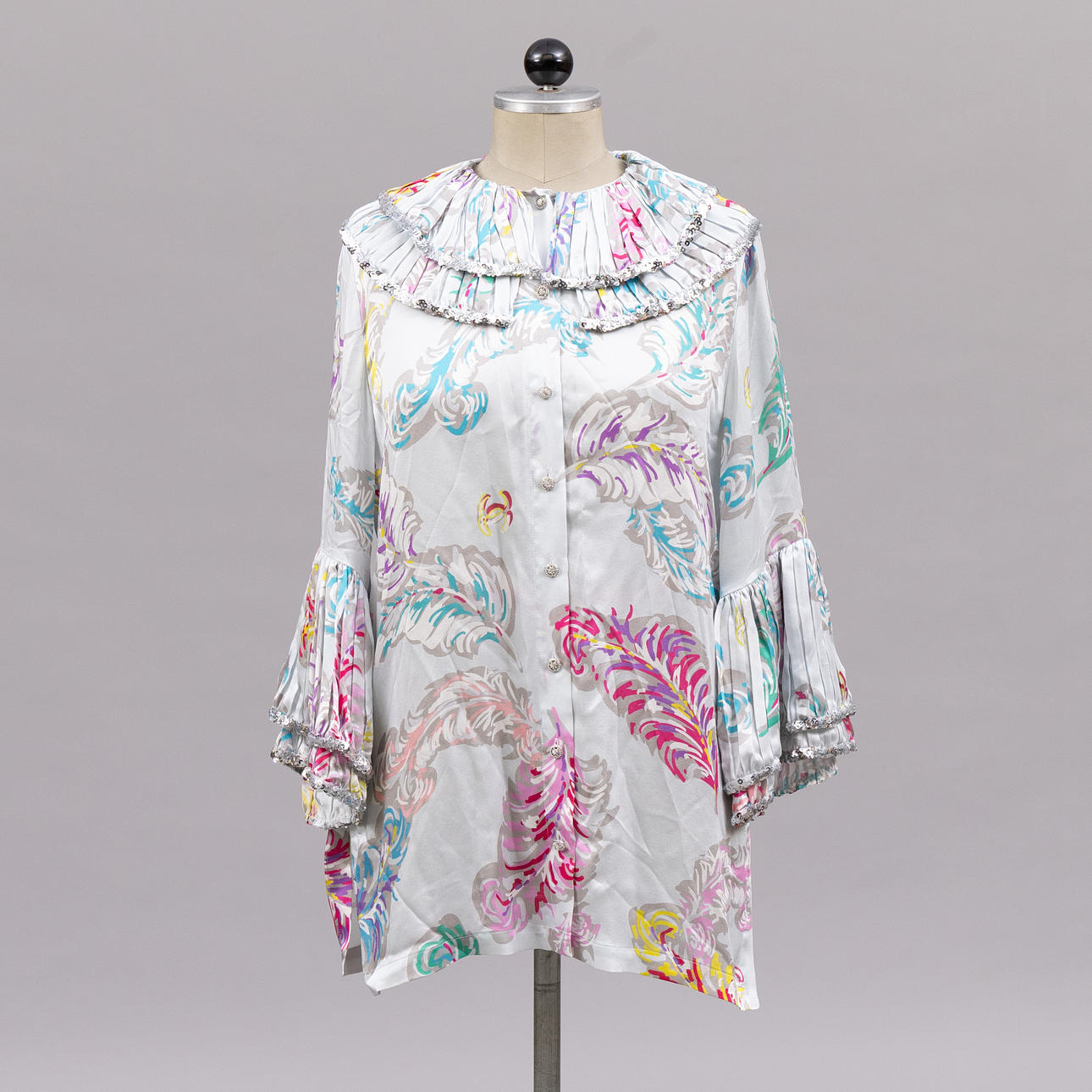 CHANEL, Embroidered printed silk Light Gray & Multicolor, long sleeve blouse.
