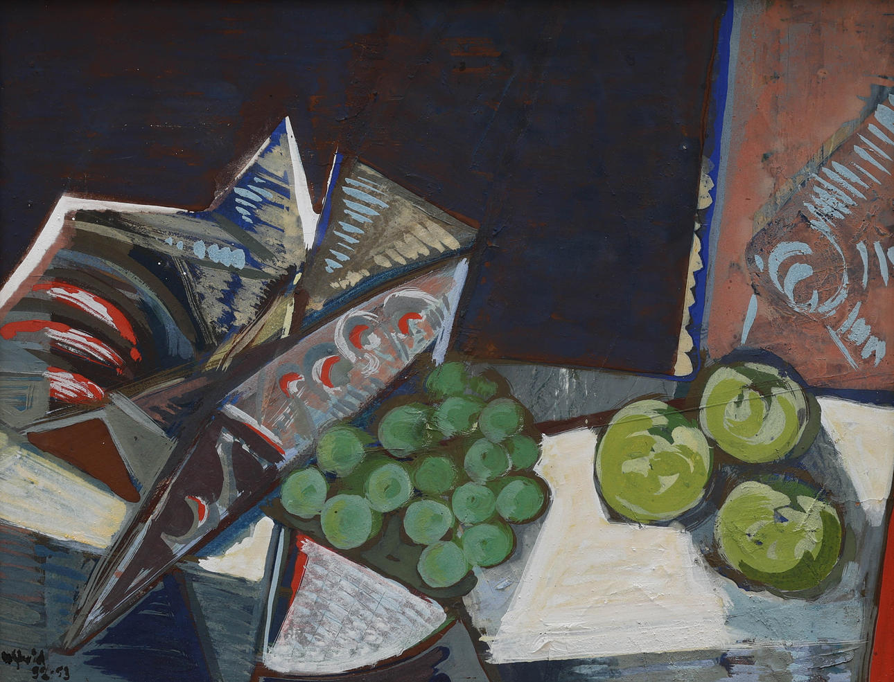 HARDY STRID. tempera on panel, composition still life, signed, H Strid, dated 52-53.