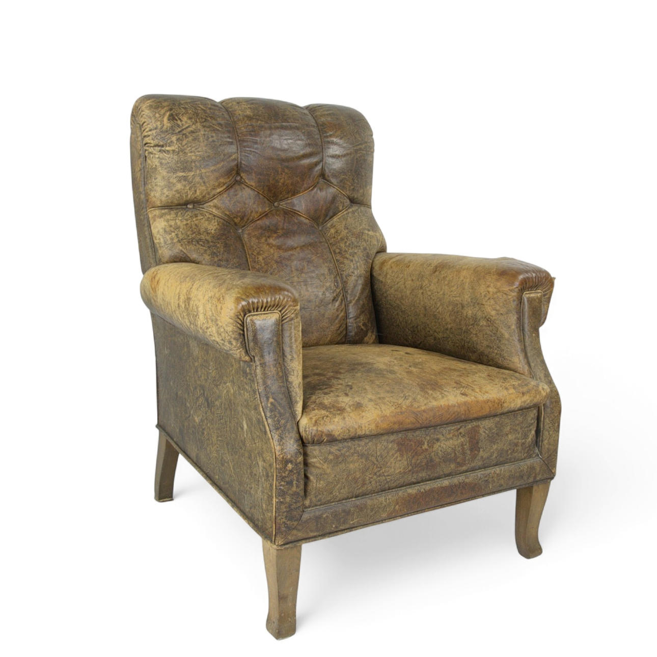 ARMCHAIR, brown leather, deep padded, very patina.