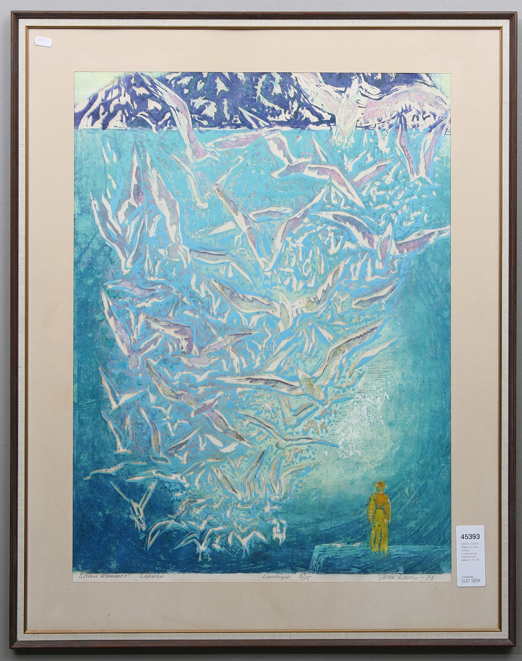 GÖSTA LOVÉN. "Sillen kommer!, Lofoten". Linoleumtryck. Signerad och daterad -73.
