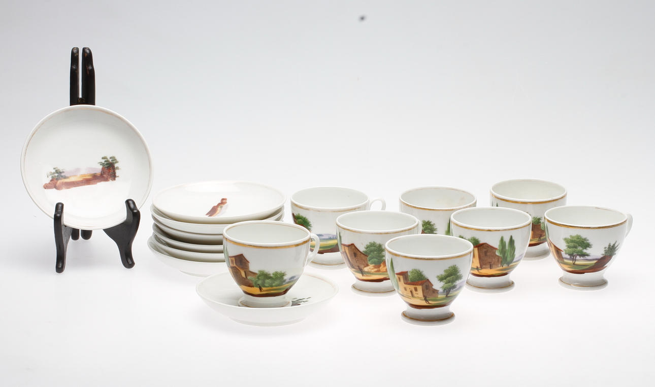 KOPPAR med FAT, 8 delar, porslin, senempire, 1800-tal.