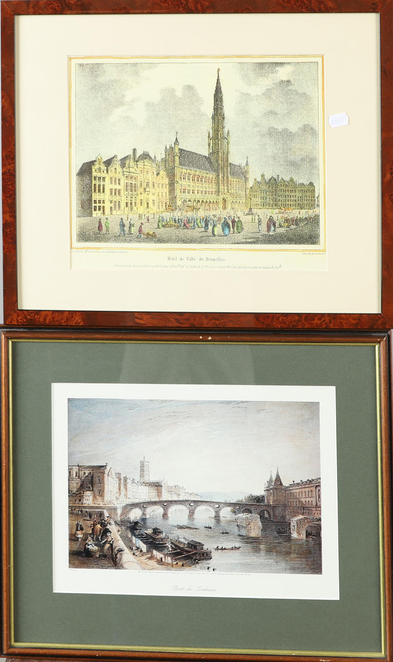 PAINTINGS, cityscapes, 2 framed prints.