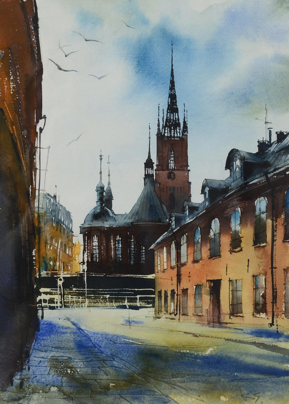OIDENTIFIERAD KONSTNÄR. Stockholm, Gamla Stan, watercolour, signed.