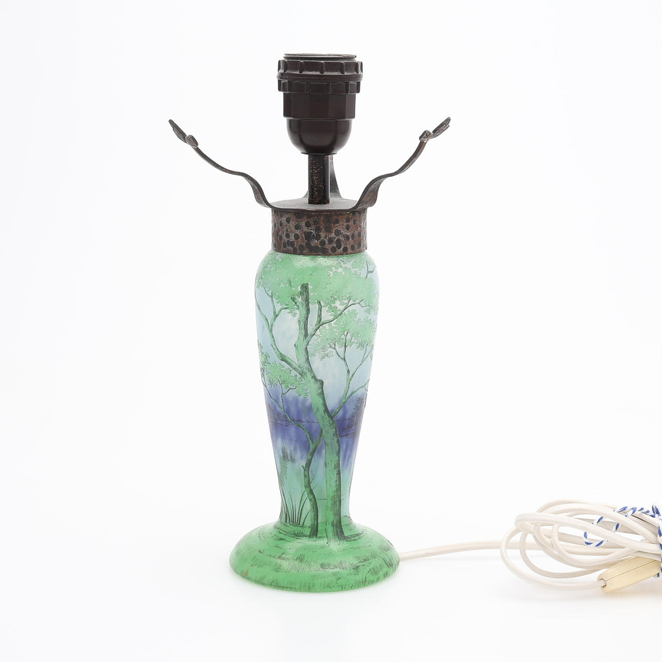 DAUM FRERES, NANCY, TABLE LAMP BASE, OVERHANG GLASS.