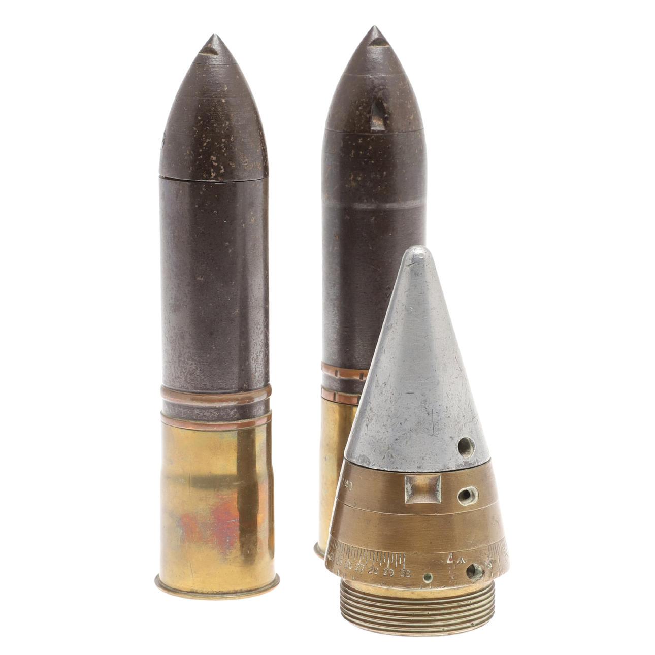 TWO FIRST WORLD WAR TRENCH ART SHELLS AND A SHELL FUSE. Weapons ...