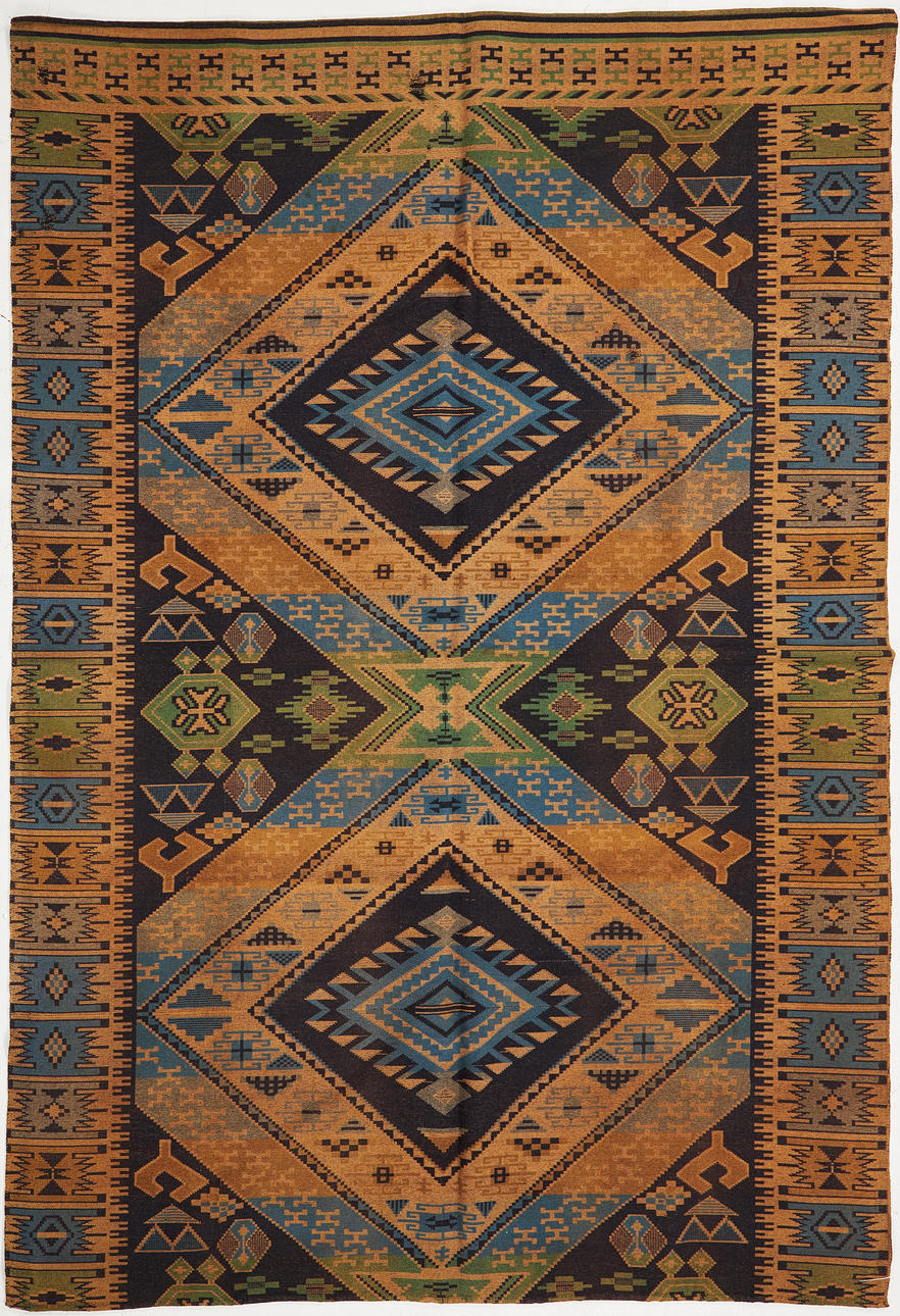 CARPET. Antique, plain woven, geometric pattern, blue/green/beige color scheme.