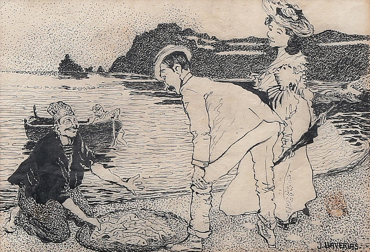 JOAN LLAVERIAS. Seaside landscape with characters.