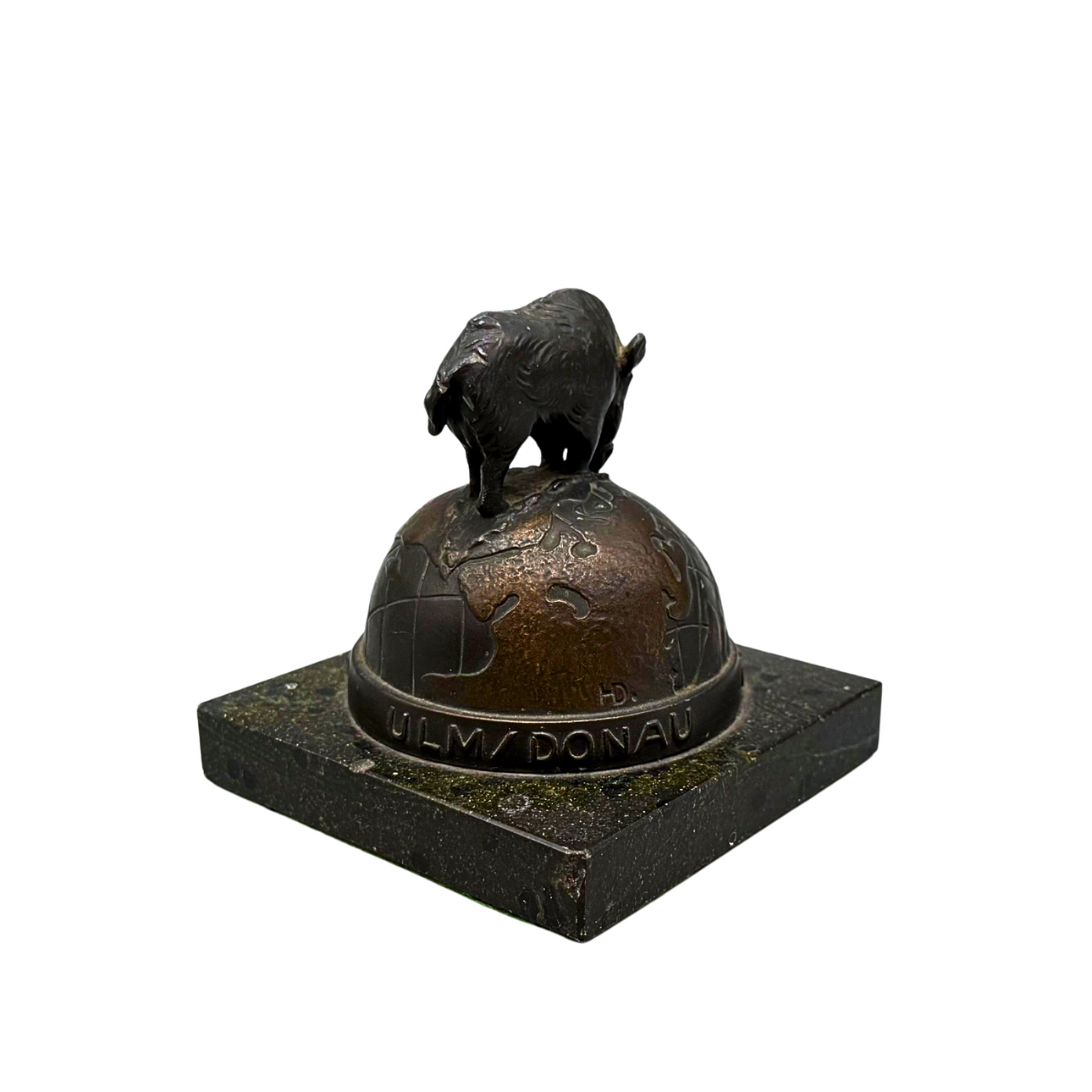 EBERHARDT BROTHERS BRONZE FIGURE, WILD BOAR, GLOBE BALL, MARBLE BASE, SIGNED.