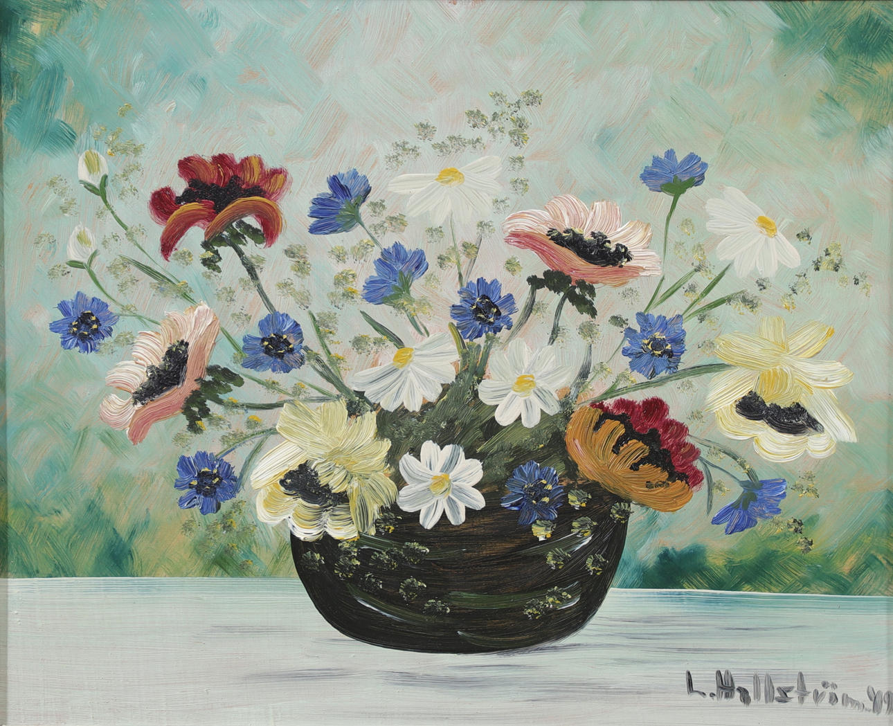 OIDENTIFIERAD KONSTNÄR. Oil on panel, flower still life, signed L Hallström, dated 49.