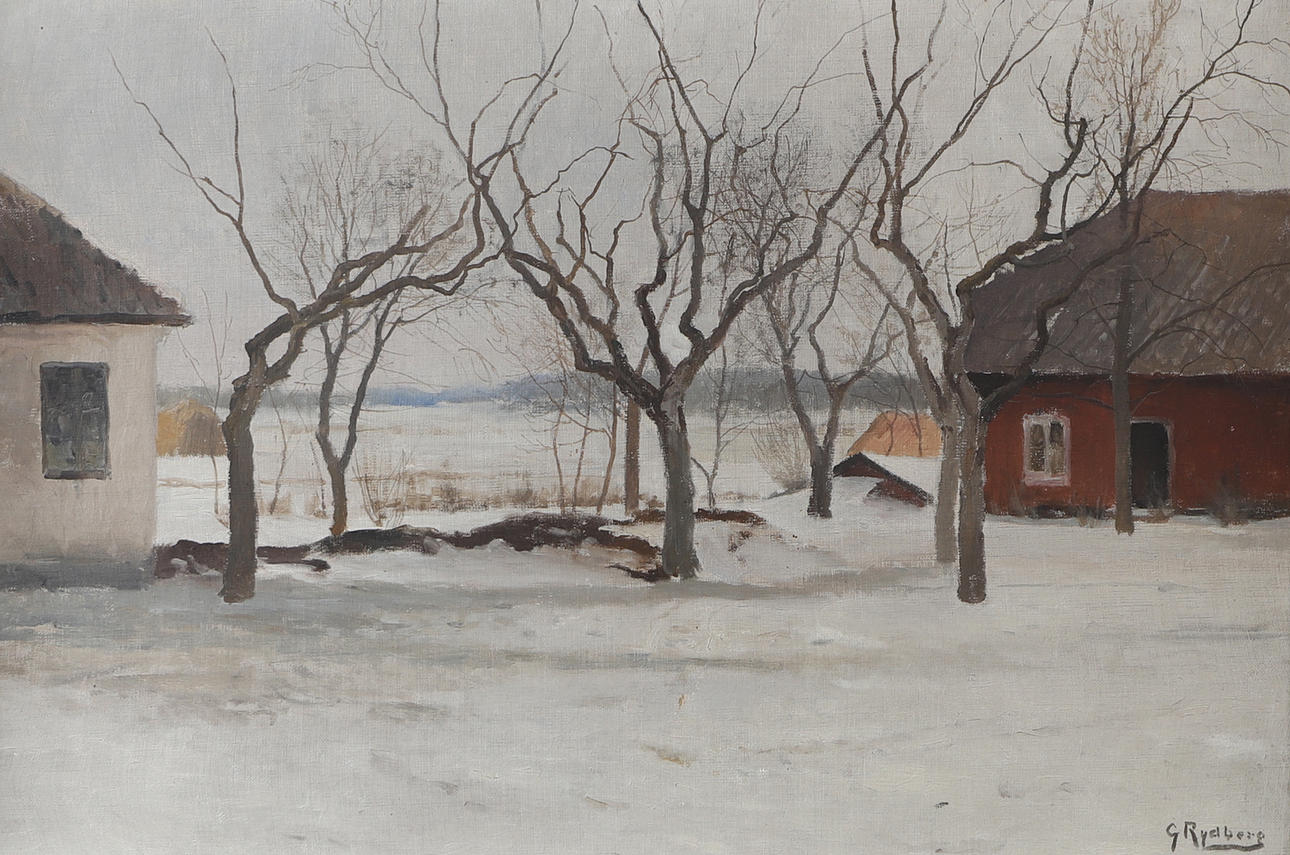 GUSTAF RYDBERG. Vinterlandskap med gård, olja på duk, signerad G ...